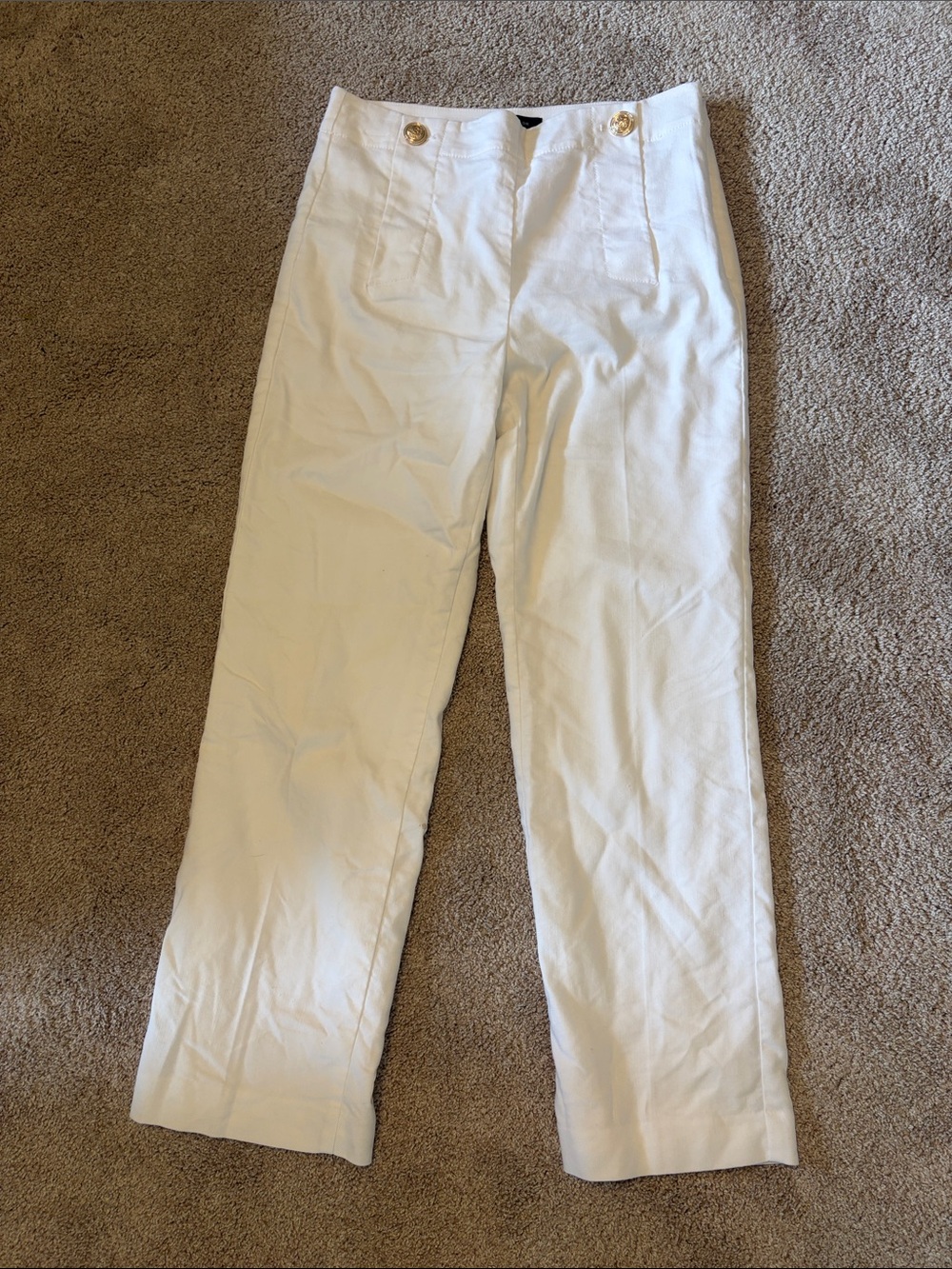 Ann Taylor White Straight-Leg Pants with Gold Buttons
